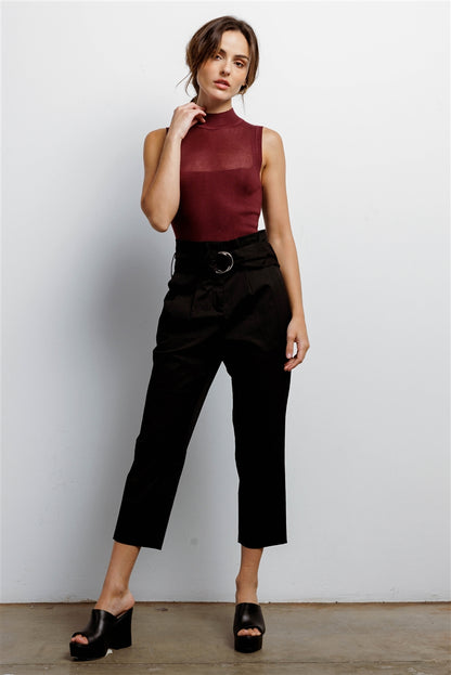 Wine Knit Mock Neck Sleeveless Bodysuit