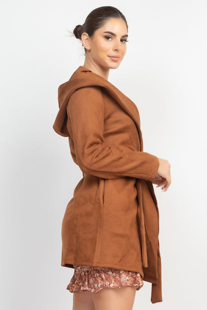 Suede Hooded Waist-tie Belt Jacket