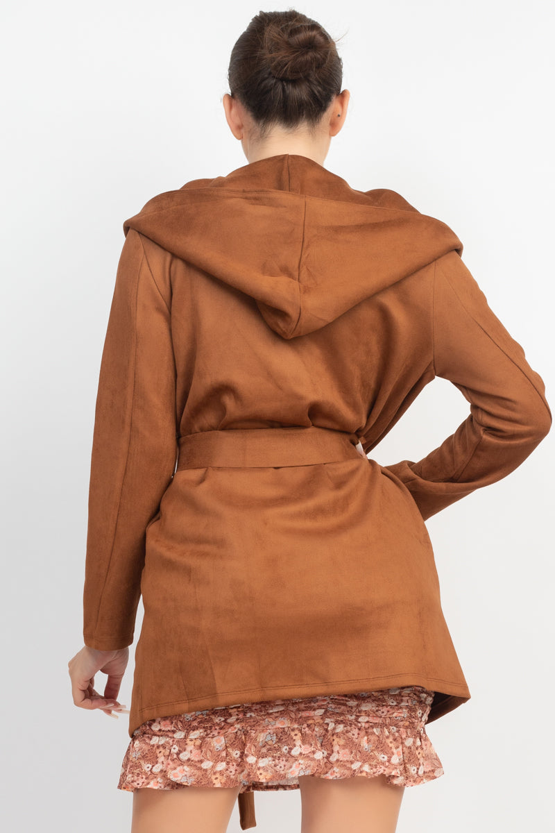 Suede Hooded Waist-tie Belt Jacket