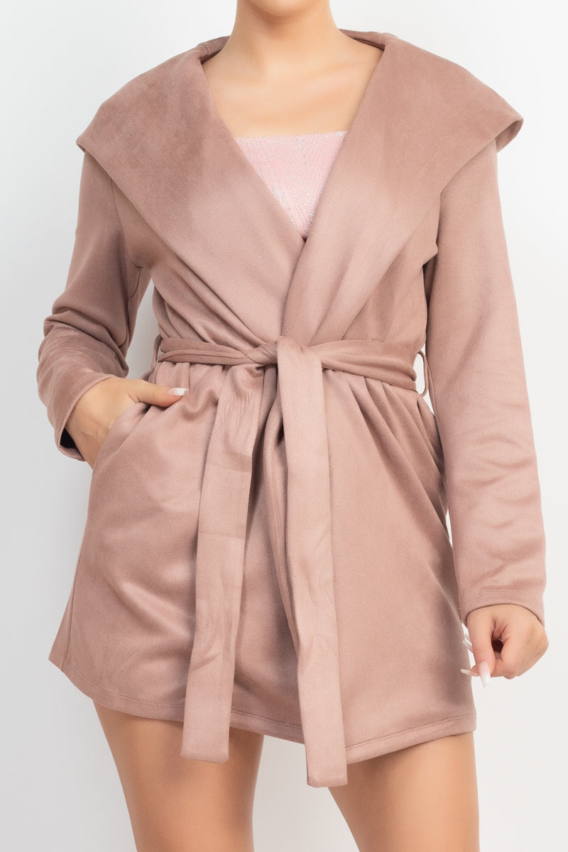 Suede Hooded Waist-tie Belt Jacket