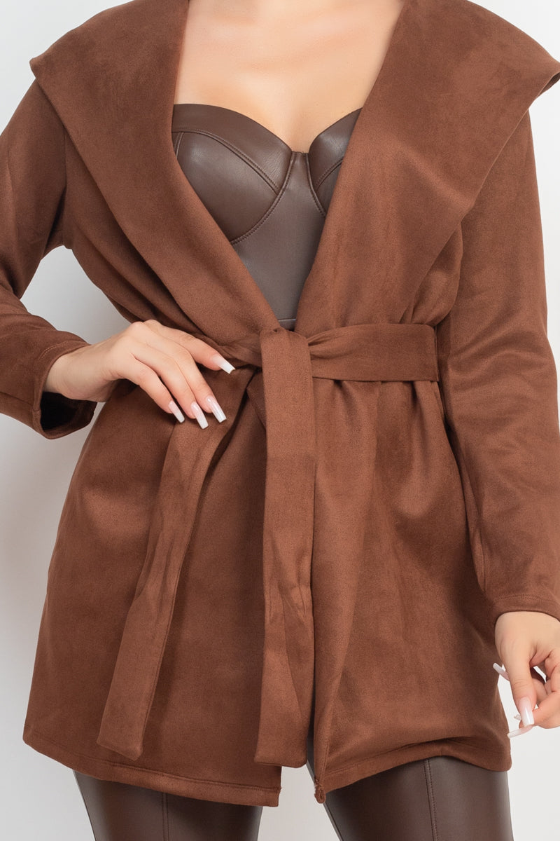 Suede Hooded Waist-tie Belt Jacket