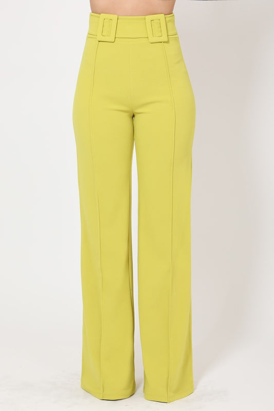 High Waist Pants With Self Fabric Buckle Detail On The Waist