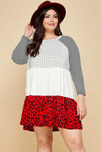 Load image into Gallery viewer, Plus Size Cute Polka Dot And Animal Print Contrast Swing Tiered Dress
