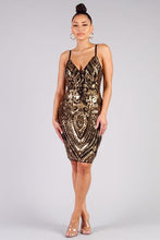 Load image into Gallery viewer, Spaghetti Strap Holiday Sequins Plunge Mini Dress
