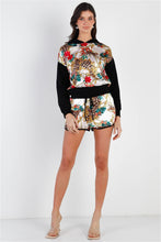 Load image into Gallery viewer, Black &amp; Ivory Satin Effect Animal Print Hooded Top &amp; Short Set
