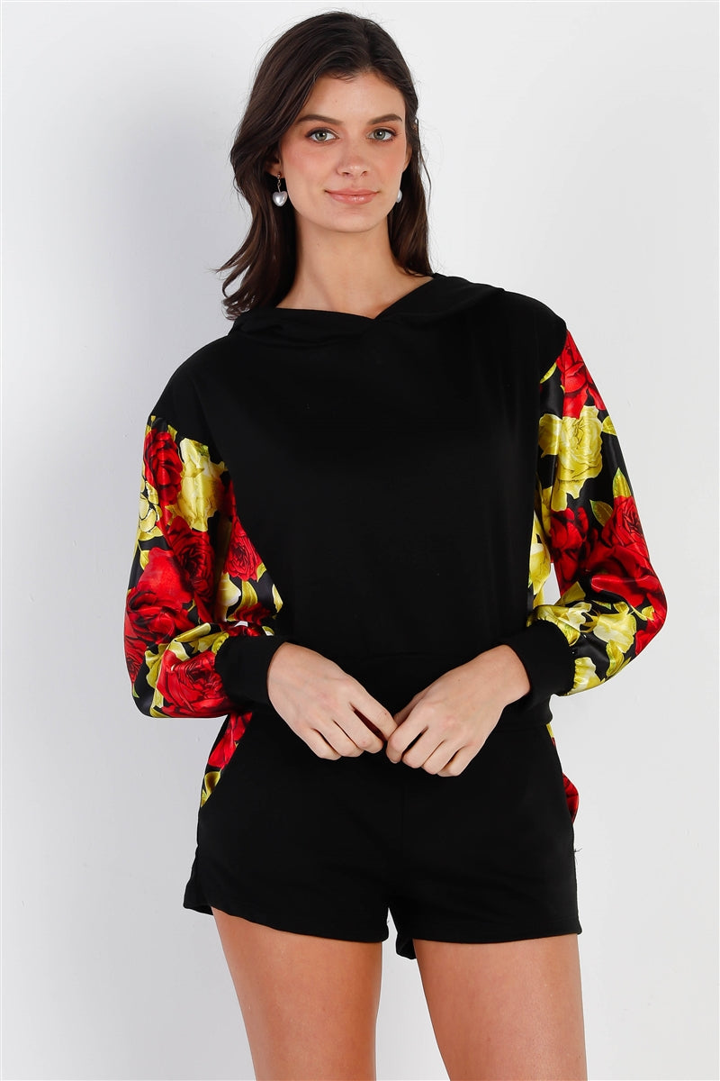 Black & Satin Effect Red & Lime Floral Print Hooded Top & Short Set