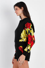 Load image into Gallery viewer, Black &amp; Satin Effect Red &amp; Lime Floral Print Hooded Top &amp; Short Set
