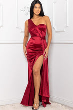 Load image into Gallery viewer, Satin One Shoulder Pleated Draped Side Maxi Dress
