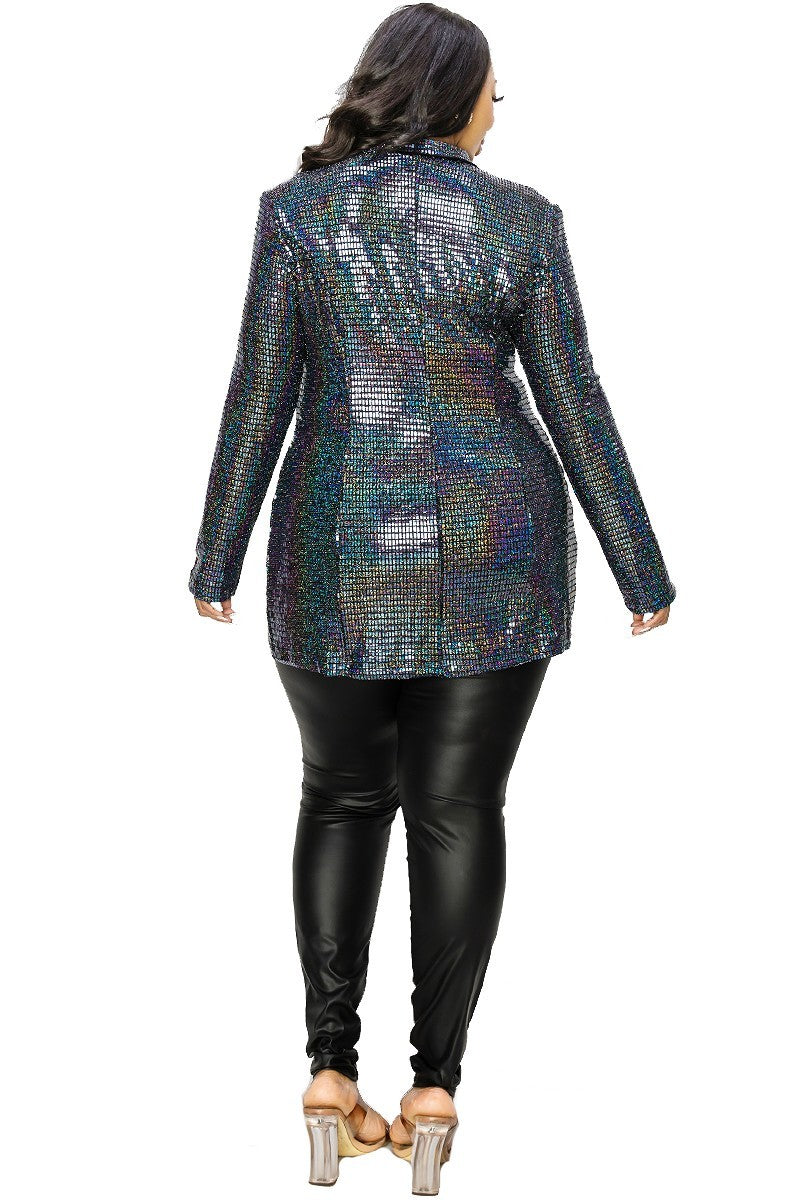 Plus Disco Metallic Sequins Double Breasted Blazer