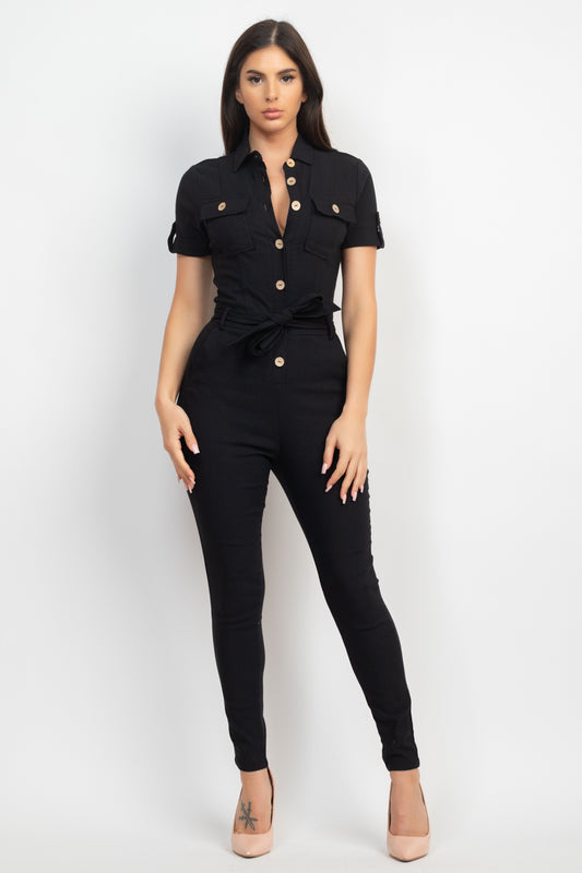 Collared Waist-tie Buttoned Jumpsuit