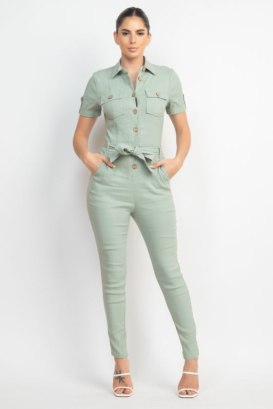 Collared Waist-tie Buttoned Jumpsuit