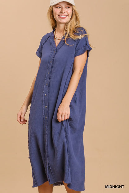 Split neck button down midi dress with no lining