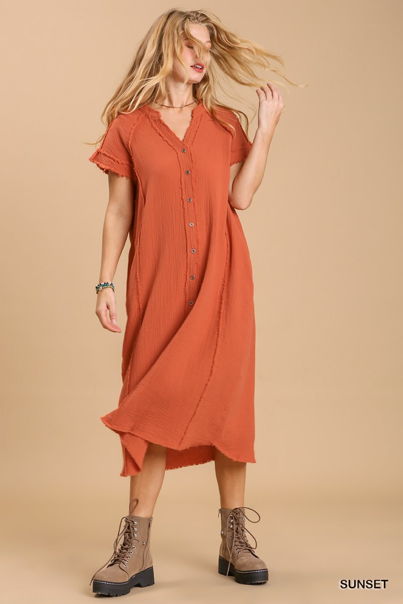 Split neck button down midi dress with no lining