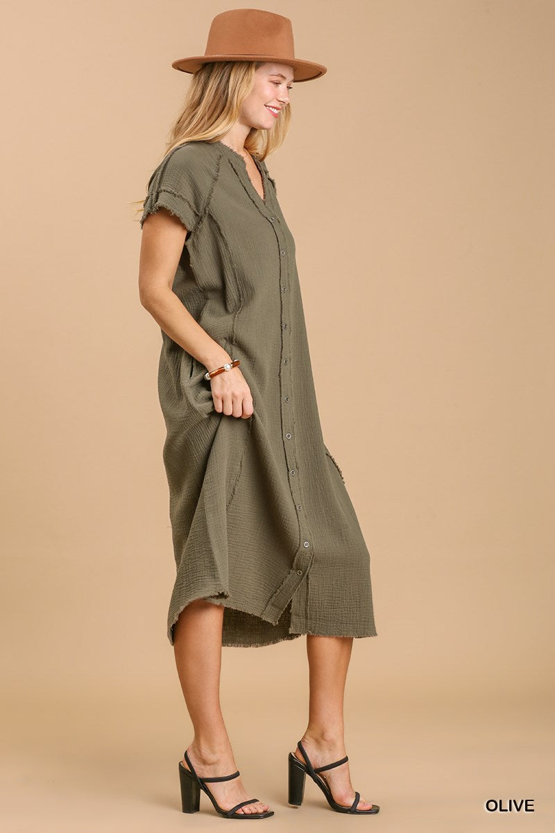 Split neck button down midi dress with no lining