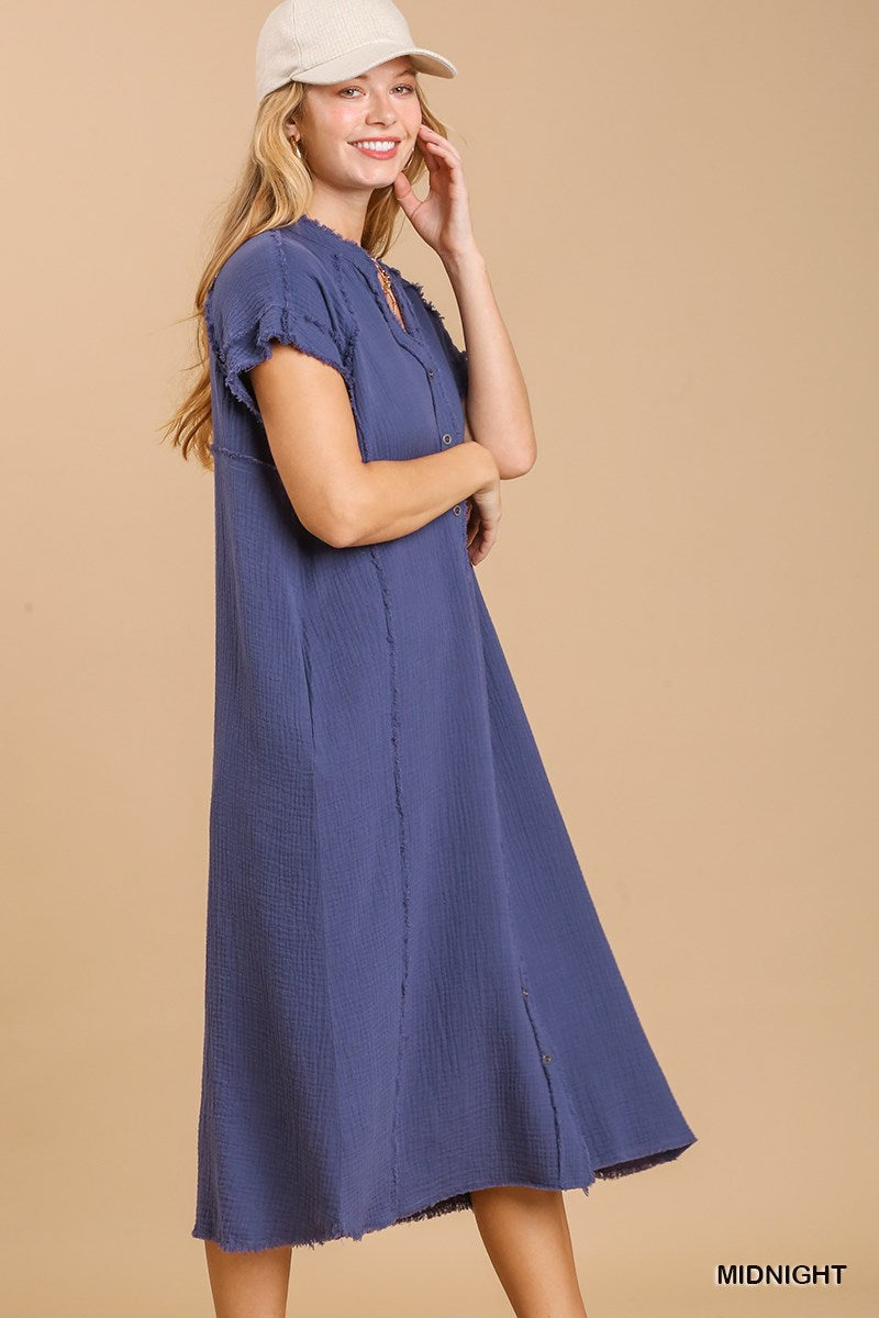 Split neck button down midi dress with no lining