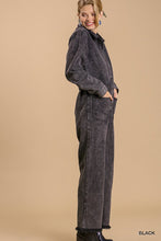 Load image into Gallery viewer, Mid button down stone wash wide leg distressed jumpsuit &amp; side pockets with no lining
