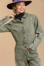 Load image into Gallery viewer, Mid button down stone wash wide leg distressed jumpsuit &amp; side pockets with no lining

