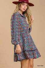 Load image into Gallery viewer, Collared neckline button down floral print dress with crochet trimmed details
