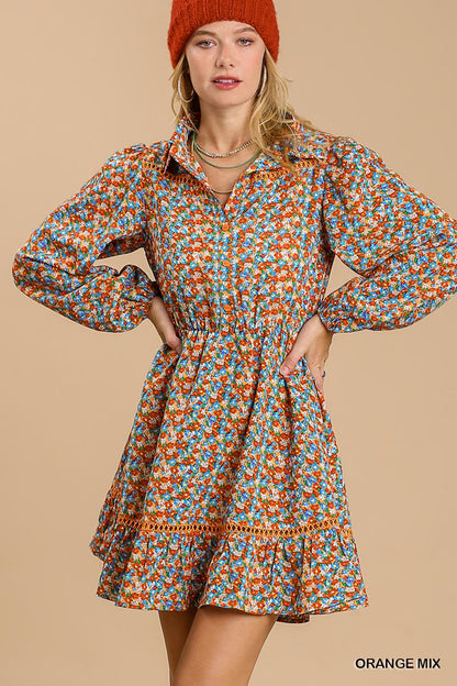 Collared neckline button down floral print dress with crochet trimmed details