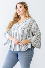 Load image into Gallery viewer, Plus Light Blue Stripe Print Cotton Button-up Flare Hem Top
