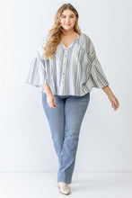 Load image into Gallery viewer, Plus Light Blue Stripe Print Cotton Button-up Flare Hem Top
