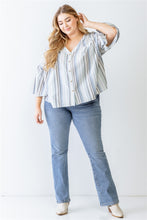 Load image into Gallery viewer, Plus Light Blue Stripe Print Cotton Button-up Flare Hem Top
