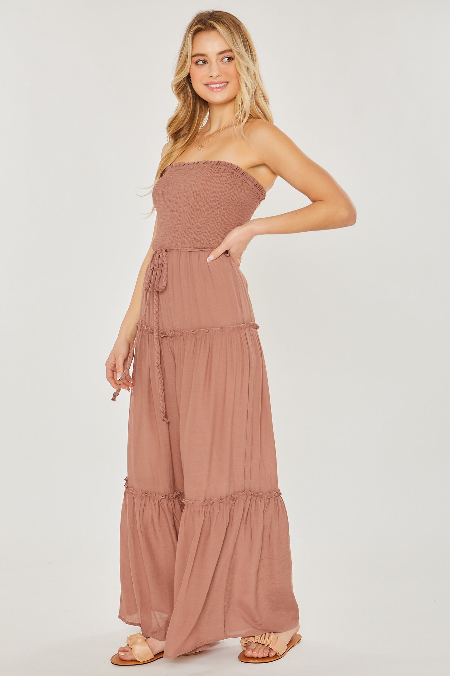 Woven Solid Sleeveless Smocked Ruffle Jumpsuit