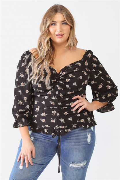 Plus Floral Print Textured Ruffle Long Sleeve Smocked Back Ruched Top