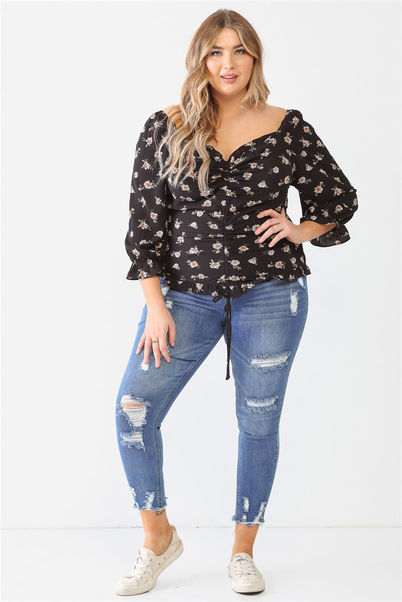 Plus Floral Print Textured Ruffle Long Sleeve Smocked Back Ruched Top