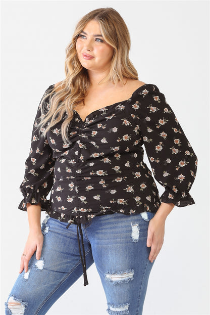 Plus Floral Print Textured Ruffle Long Sleeve Smocked Back Ruched Top