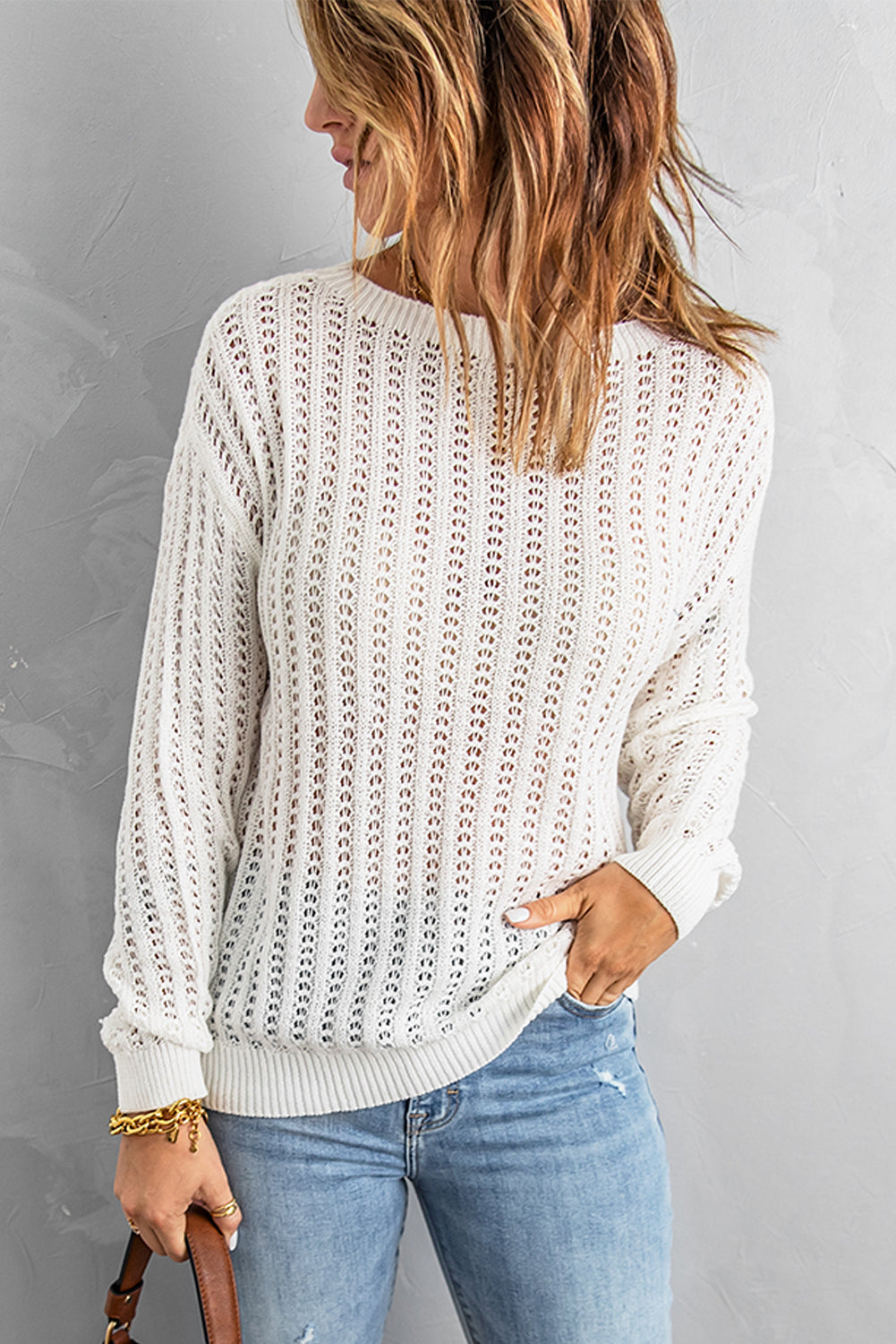 Dropped Shoulder Openwork Sweater