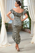 Load image into Gallery viewer, Leopard Off-Shoulder Ruffled Slit Dress
