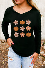 Load image into Gallery viewer, V-Neck Short Sleeve Pumpkin &amp; Flower Graphic T-Shirt
