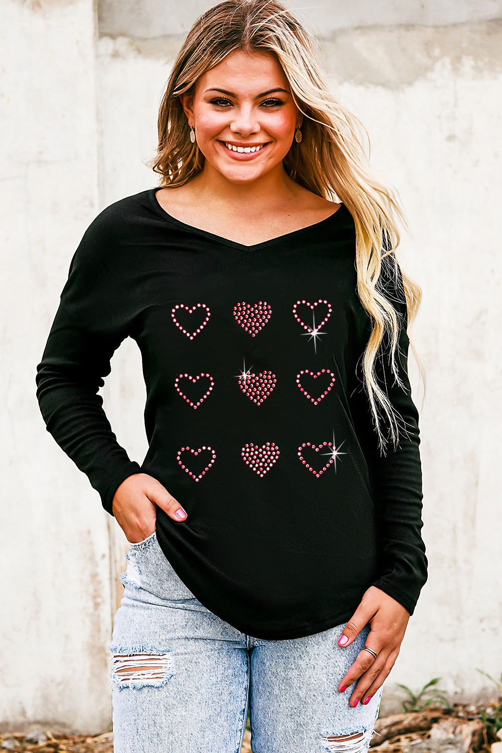 Heart V-Neck Long Sleeve Tee