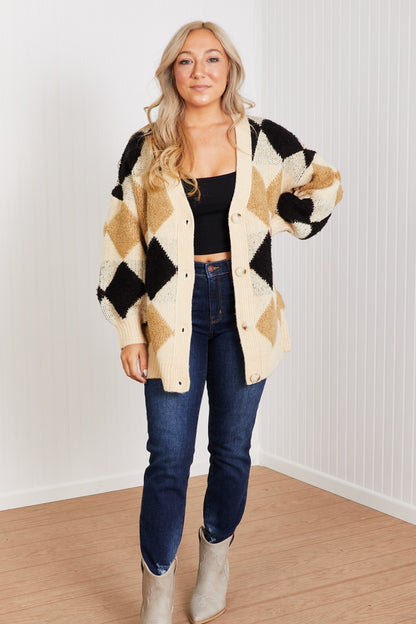 CY Fashion Know-It-All Full Size Argyle Longline Cardigan