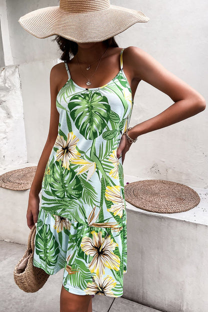 Botanical Print Spaghetti Strap Scoop Neck Mini Dress