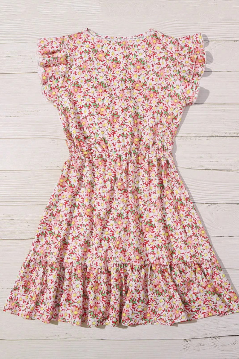 Floral V Neck Tie Waist Pleated Dress