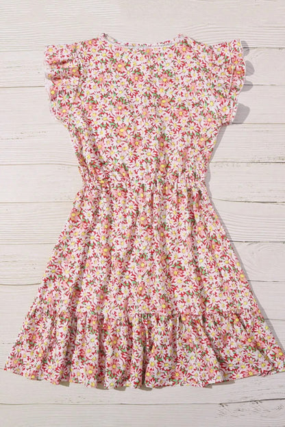 Floral V Neck Tie Waist Pleated Dress