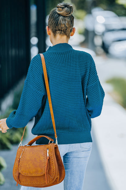 Ribbed Detail Mock Neck Waffle Sweater