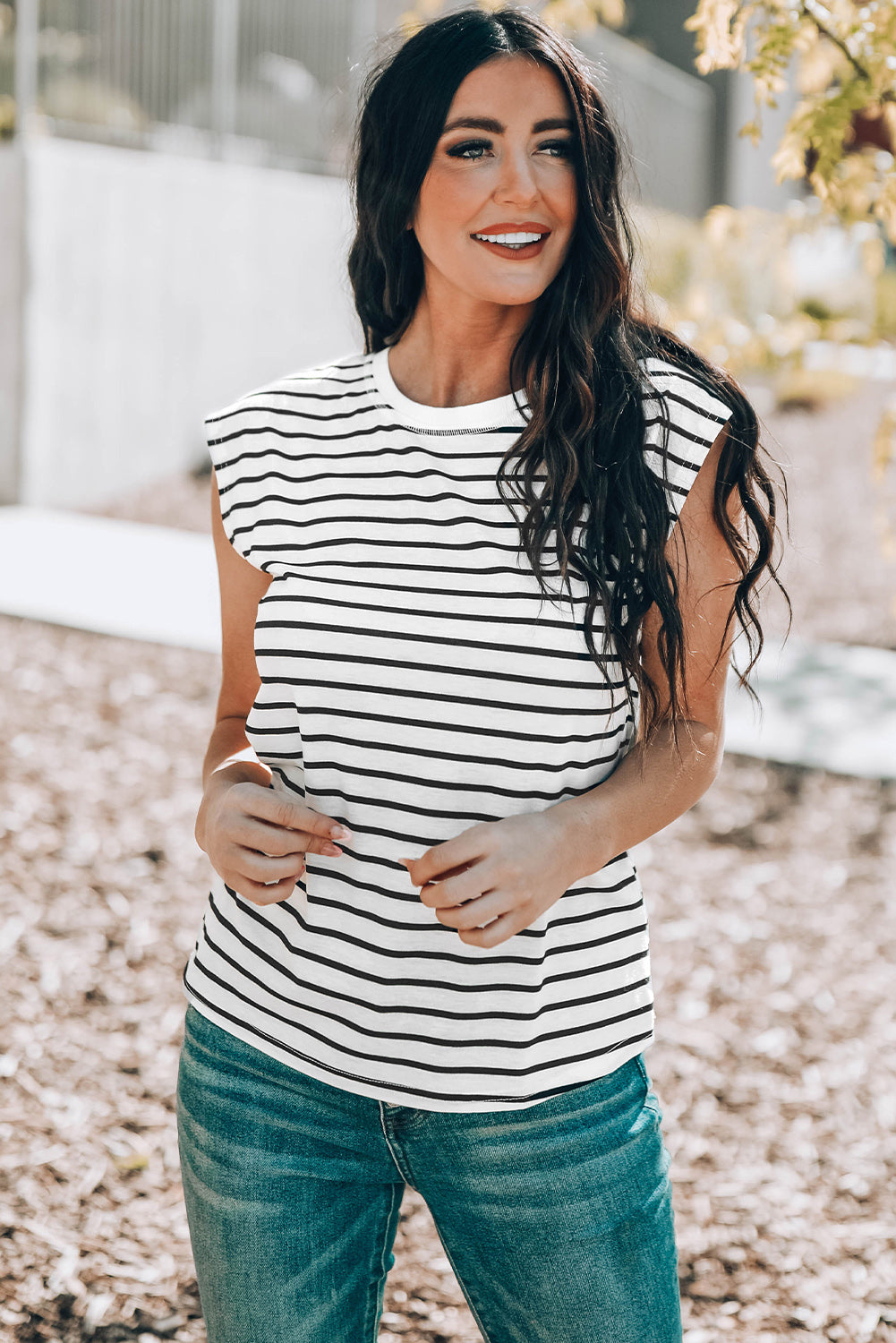 Striped Round Neck Capped Sleeve Top