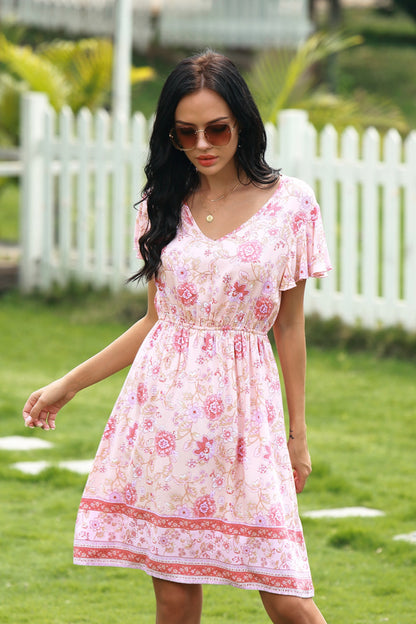 Full Size Range Floral Flutter Sleeve Knee-Length Dress