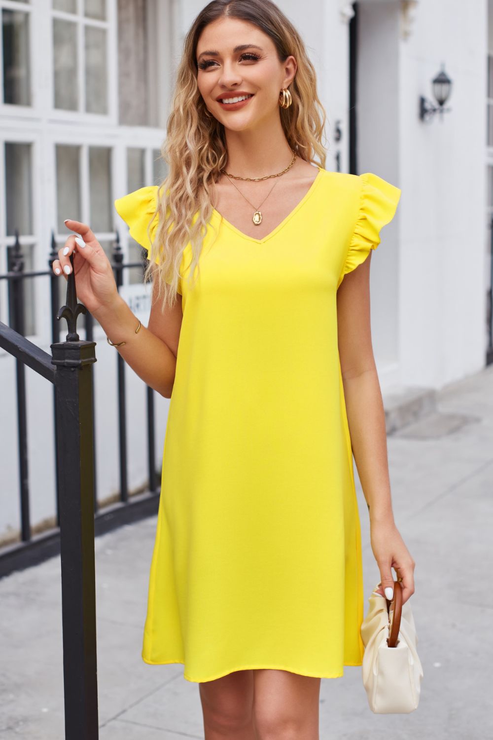 Ruffled V-Neck Flutter Sleeve Dress