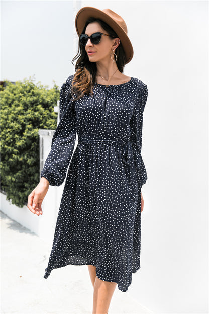 Polka Dot Lantern Sleeve Belted Dress