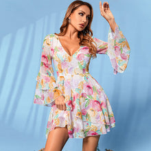 Load image into Gallery viewer, Floral Flare Sleeve Plunge Mini Dress
