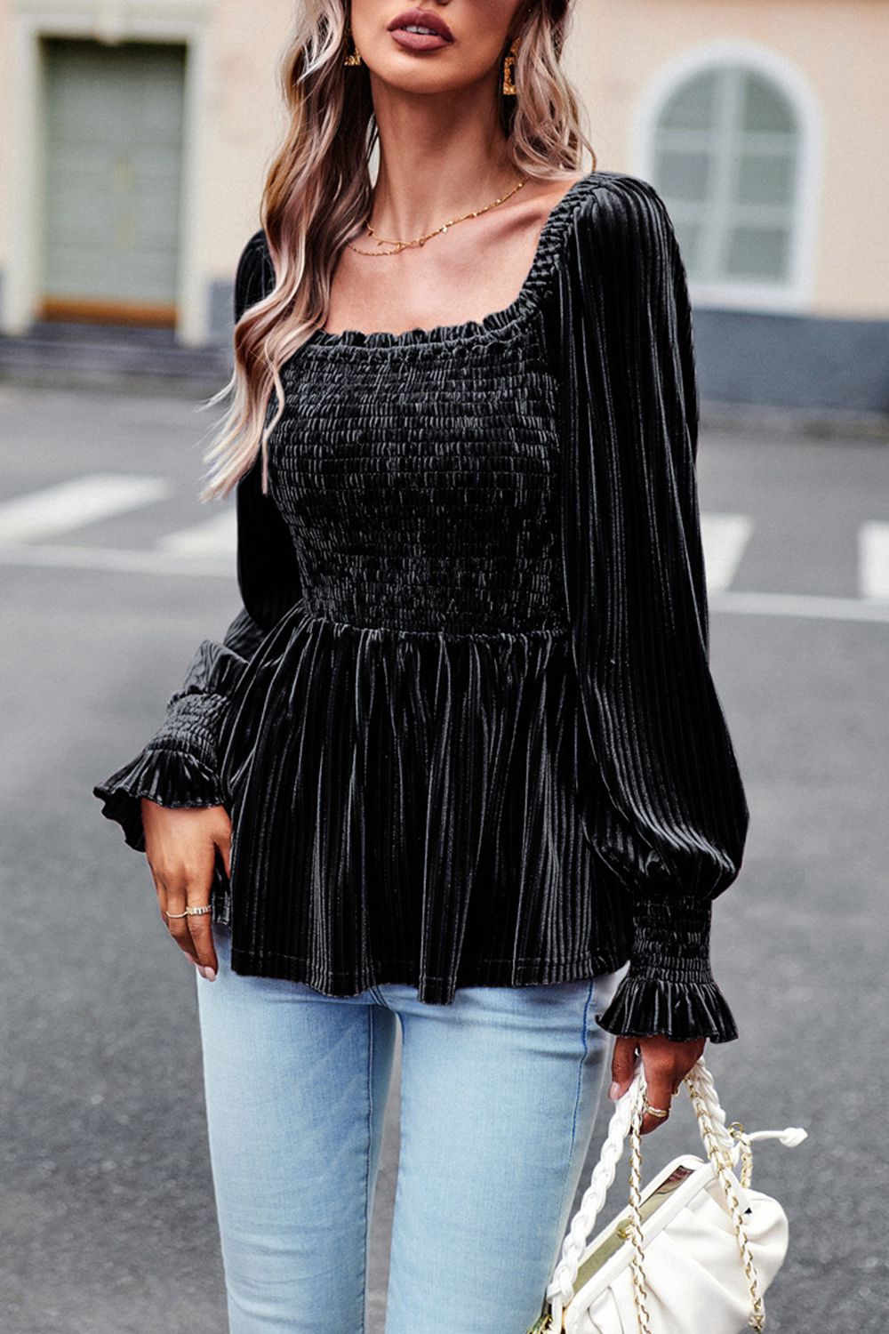 Smocked Square Neck Long Sleeve Blouse