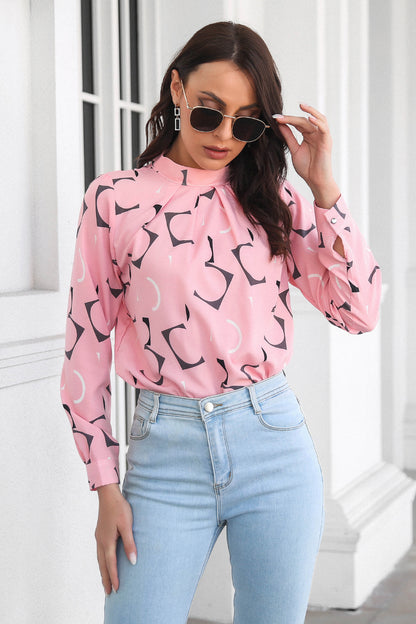 Printed Gathered Detail Mock Neck Blouse