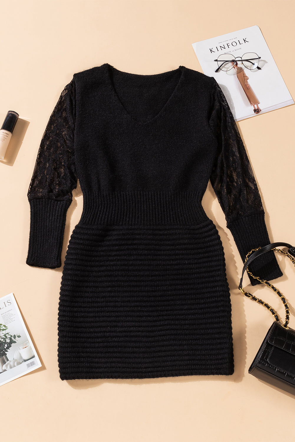 Lace Sleeve V-Neck Knit Dress