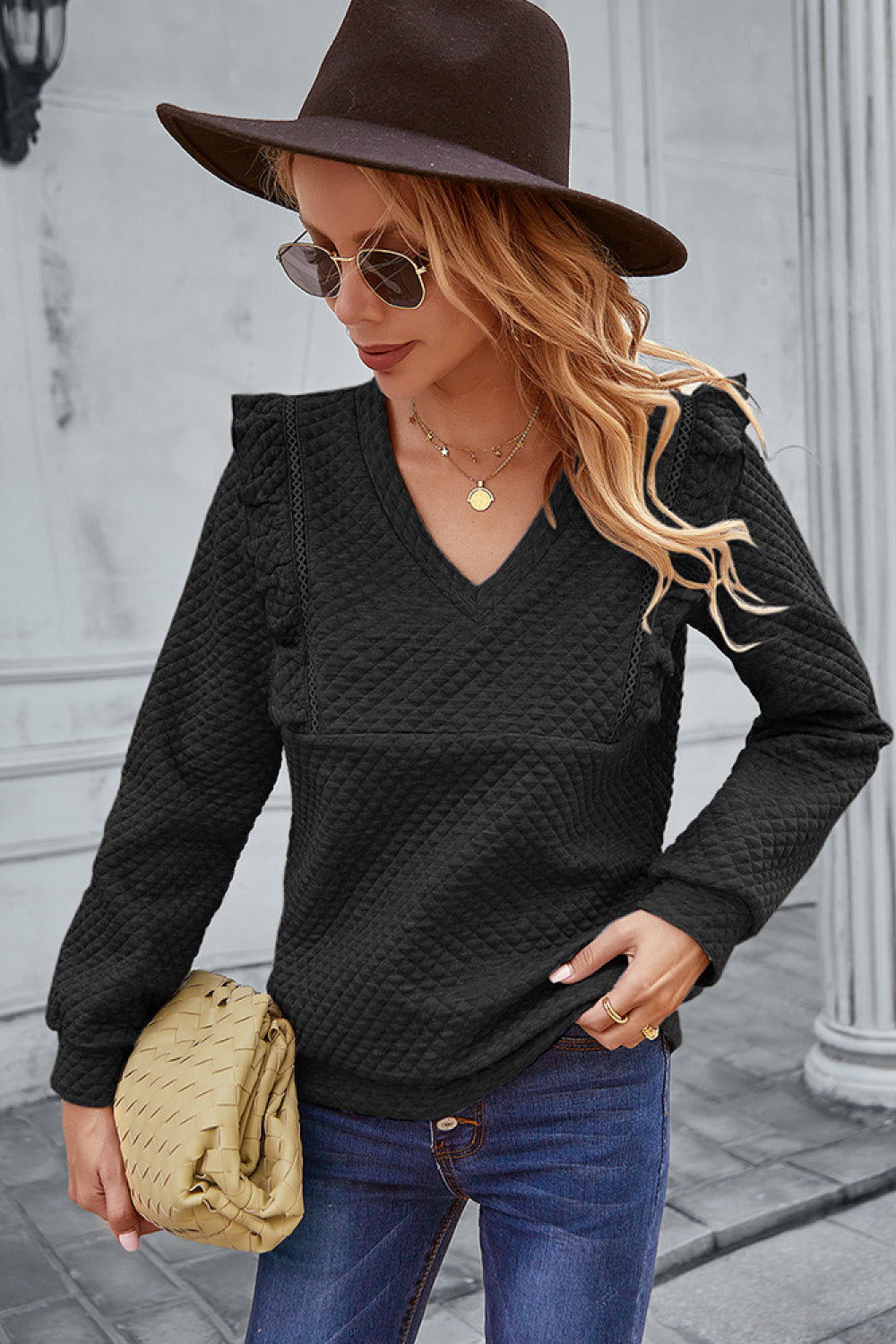 Ruffle Shoulder Waffle Pullover