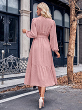 Load image into Gallery viewer, Swiss Dot Belted Surplice Puff Sleeve Midi Dress
