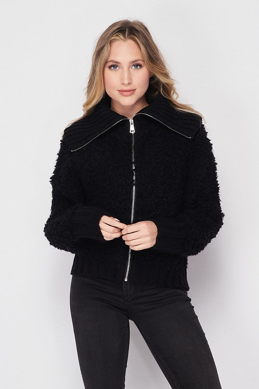 Ribbed Trim Plush Jacket